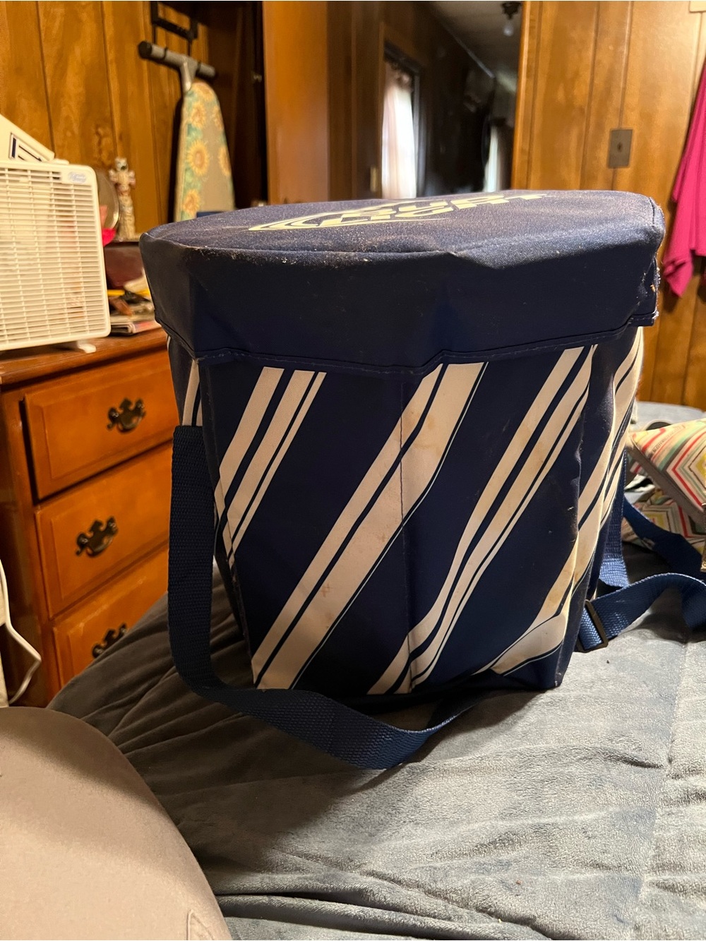 Navy Blue Striped Cooler Bag with Shoulder Strap